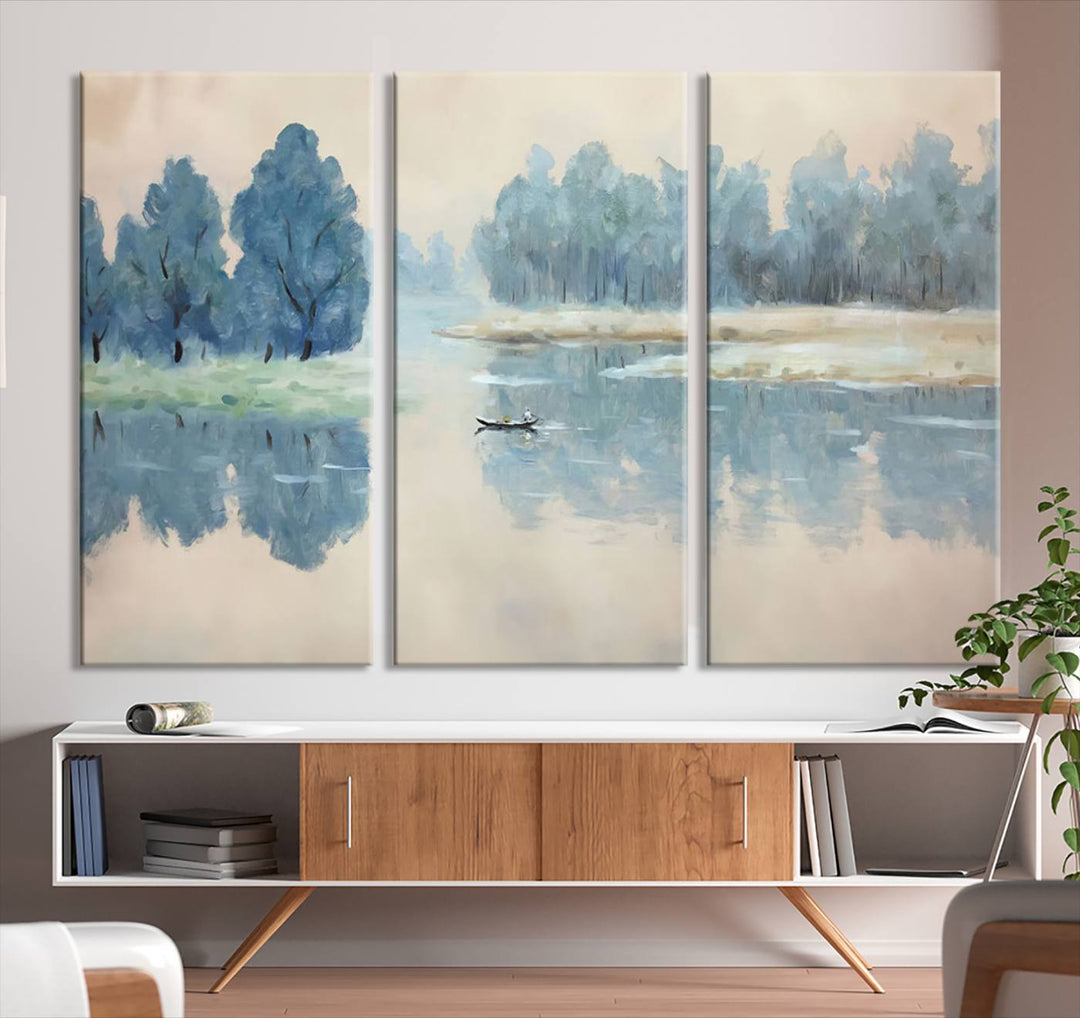 Landscape Printing Lake and Boat Scene | Serene Landscape Wall Art for Nature Lovers | Ready to Hang Triptych Canvas Print | Peaceful Blue Trees and Water Reflection Decor