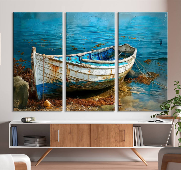Vintage Boat on Tranquil Waters | Coastal Wall Art for Nautical Decor | Rustic Triptych Canvas Print | Beach House Art for Coastal Home Decor