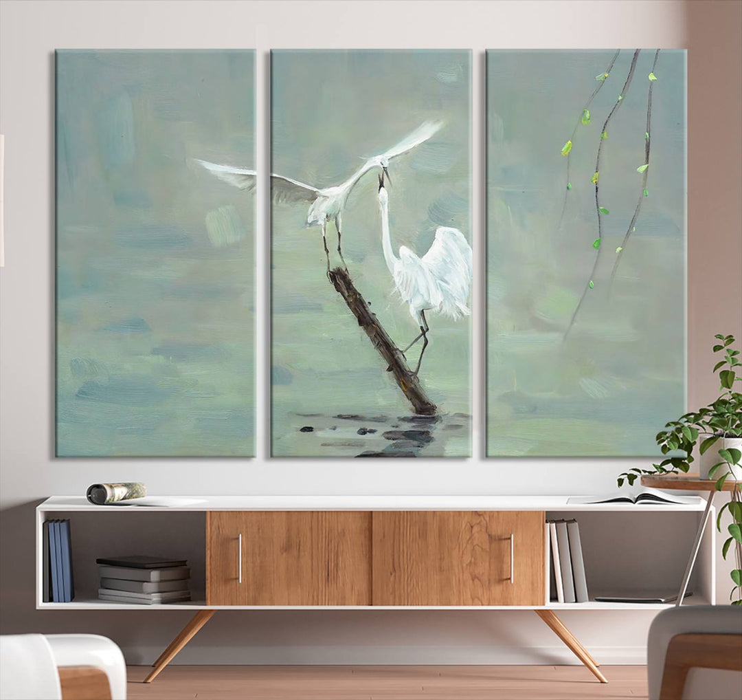 Elegant White Herons on Calm Waters | Coastal Wall Art for Nature-Inspired Decor | Serene Triptych Canvas Print | Ready to Hang Bird-Themed Art for Home Decor