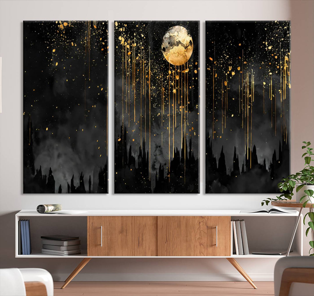 Gold Moon and Black Skyline Abstract Wall Art | Dark Modern Canvas Print with Dripping Gold Accents | Triptych Contemporary Homes