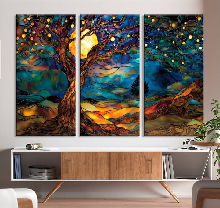 Yggdrasil Tree of Life Canvas Print - Vibrant Moonlit Tree Wall Art,  Tree of Life wall art, Nature-Inspired Stained Glass Effect