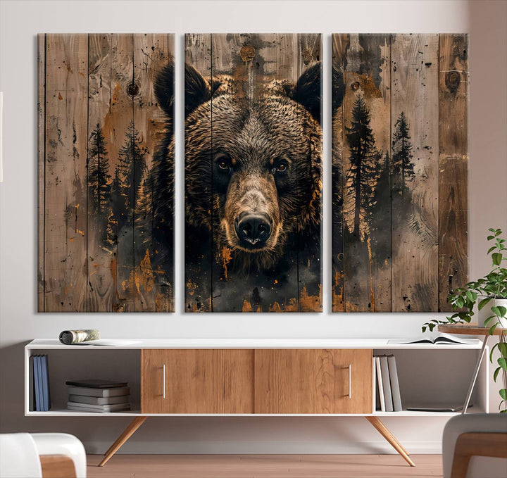 Rustic Bear Wall Art | Triptych Canvas Print | Rustic Cabin Wall Decor | Forest-Inspired Animal Art | Perfect for Farmhouse or Woodland Print