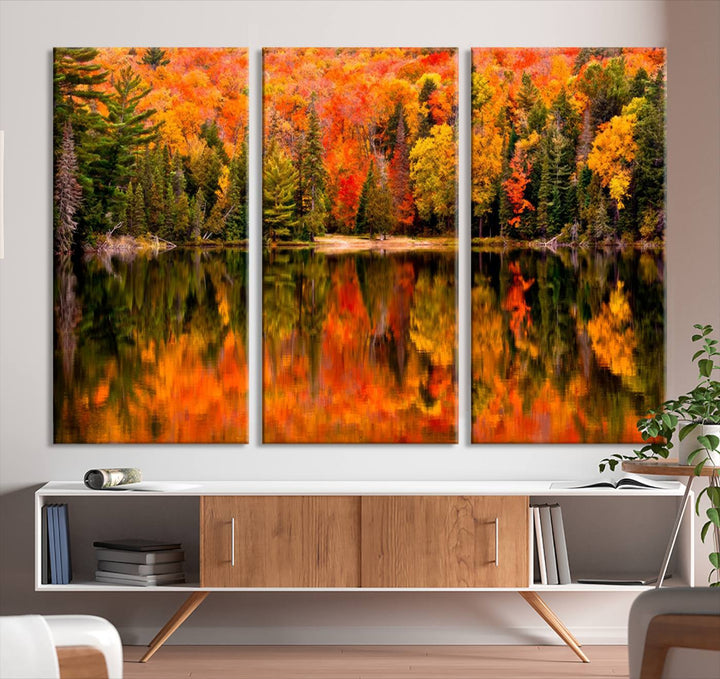 Autumn Forest Reflection Wall Art | Triptych Canvas Print | Vibrant Fall Foliage Wall Decor | Nature-Inspired Cabin Wall Art for Living Room