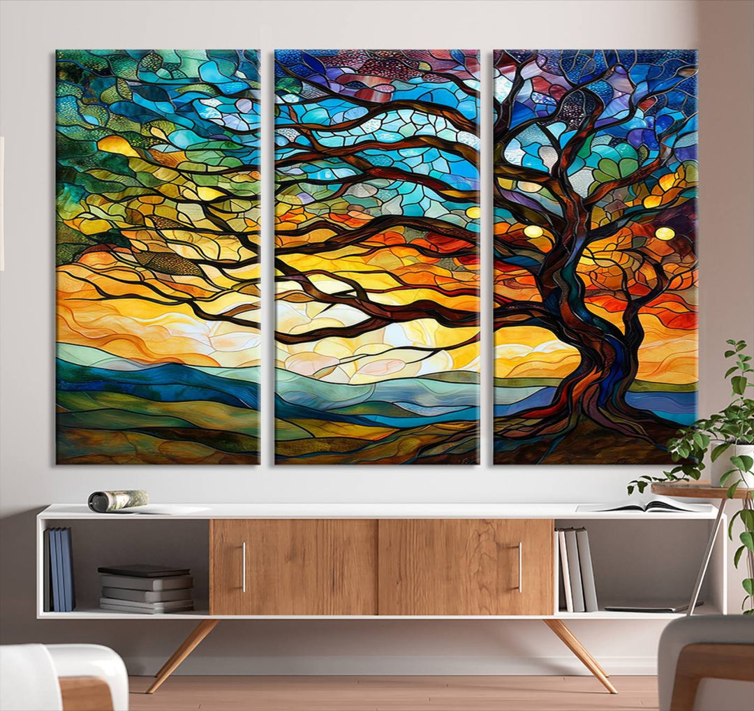 Vibrant Mosaic Tree of Life Wall Art | Stained Glass Style Canvas Print | Ready to Hang Artistic Decor