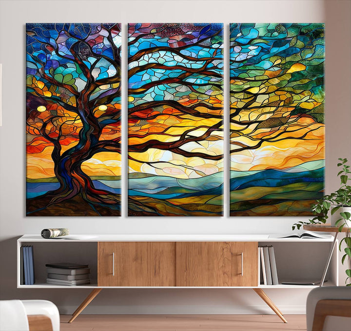 Mosaic Tree Wall Art | Ready to Hang Stained Glass Style Canvas Print | Farmhouse Wall Decor, Cabin Wall Art, and Unique Nature Home Decor