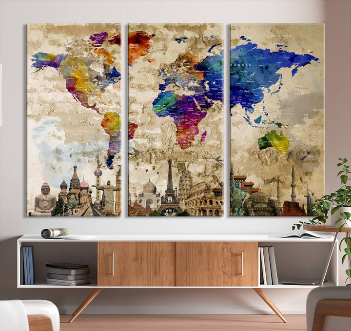 Framed World Map Canvas Print with Landmarks | Multi-Panel Wall Art | Ready to Hang Decor for Living Room, Office | Global Travel Wall Art | Vibrant Landmark Design