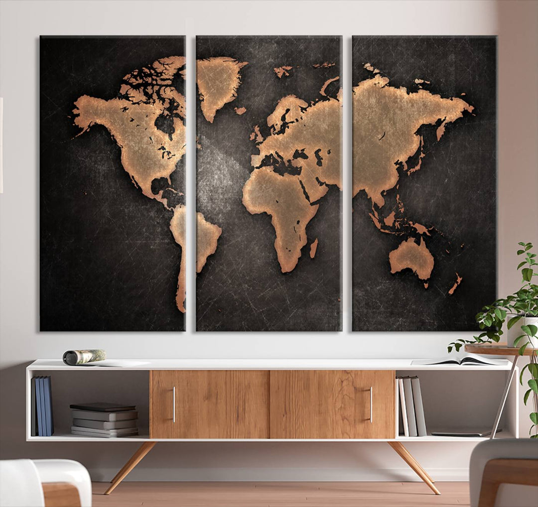 Maroon World Map Wall Art: Copper continents on a grunge-stained canvas, ideal for enhancing your decor.