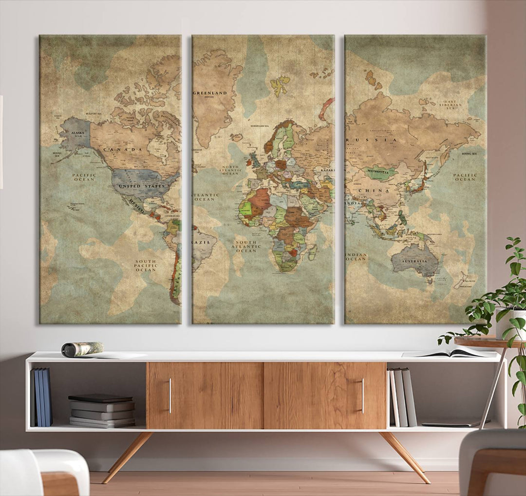 Vintage World Map Canvas Wall Art – Antique Triptych Map Print – Rustic Global Decor for Living Room or Office – Ready to Hang