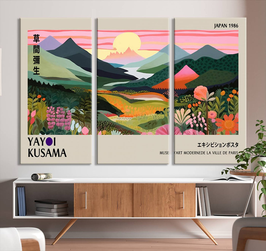 Vibrant abstract landscape canvas with mountains and fields, titled Yayoi Kusama 1986 Wall Art Print.