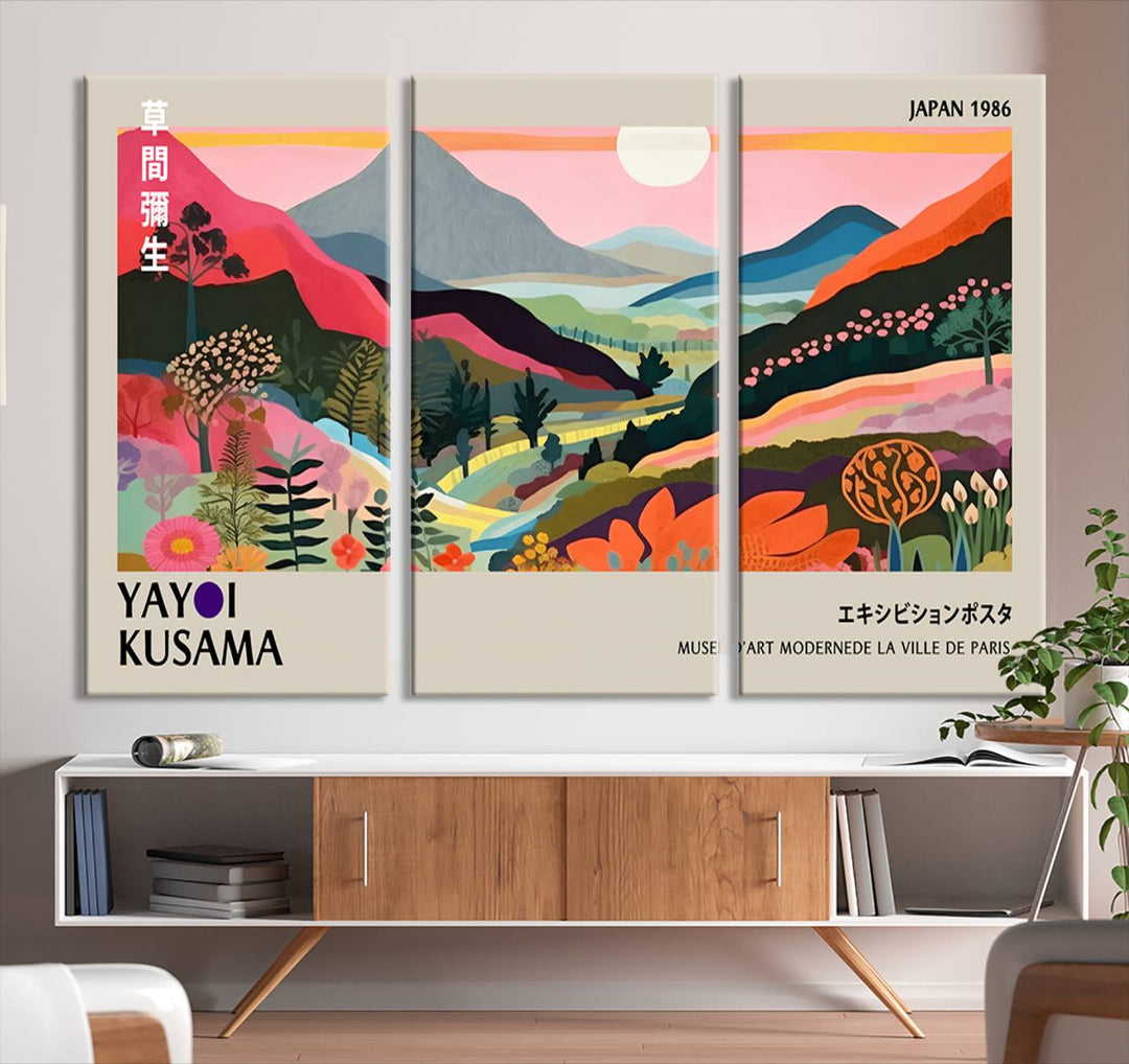 Vibrant abstract landscape canvas inspired by Yayoi Kusama, featuring mountains, trees, and flowers in a triptych style.