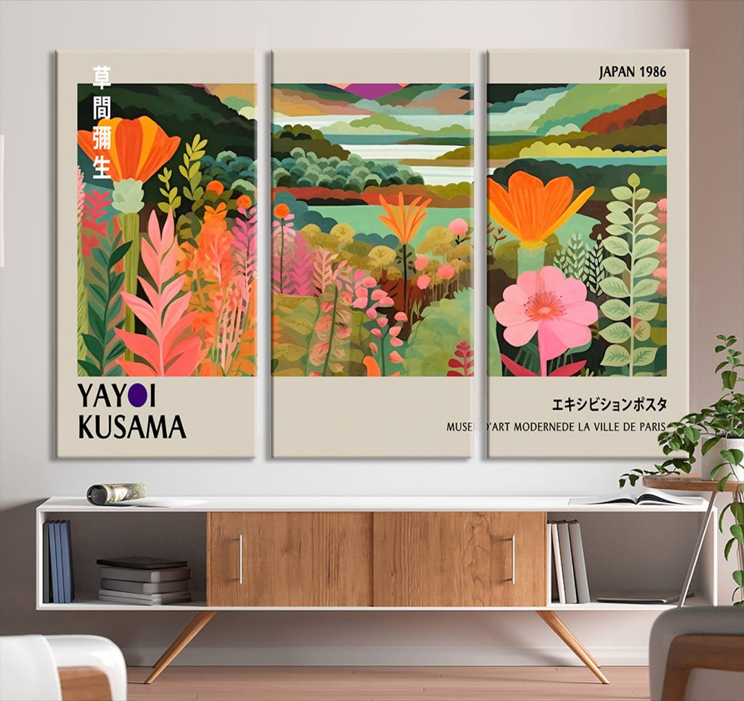 A vibrant 1986 Yayoi Kusama abstract landscape featuring flowers and hills on a canvas wall art print, ready-to-hang.