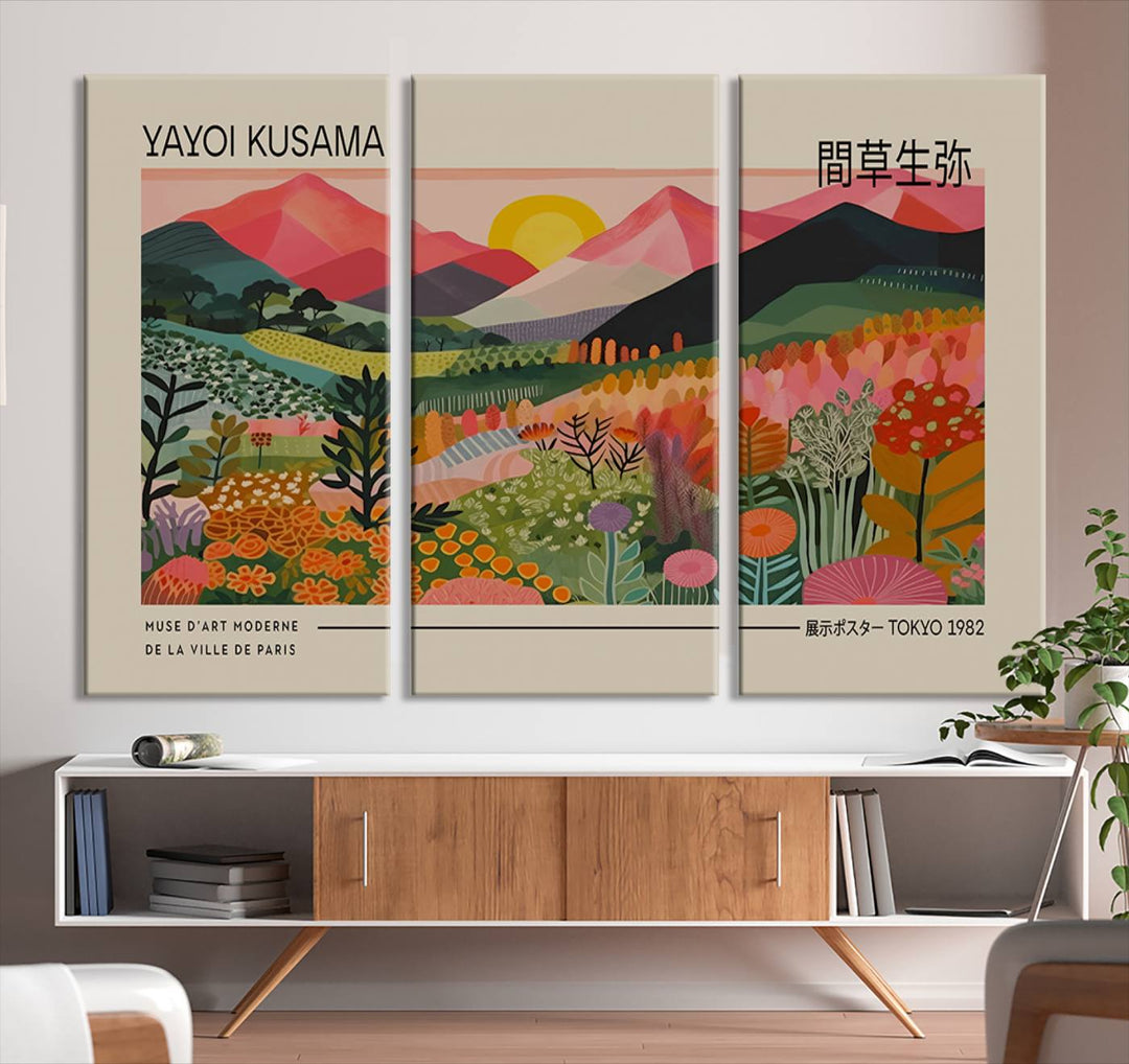 A vibrant abstract triptych features mountains, a sun, and plants in Yayoi Kusamas style with Japanese and French text included.