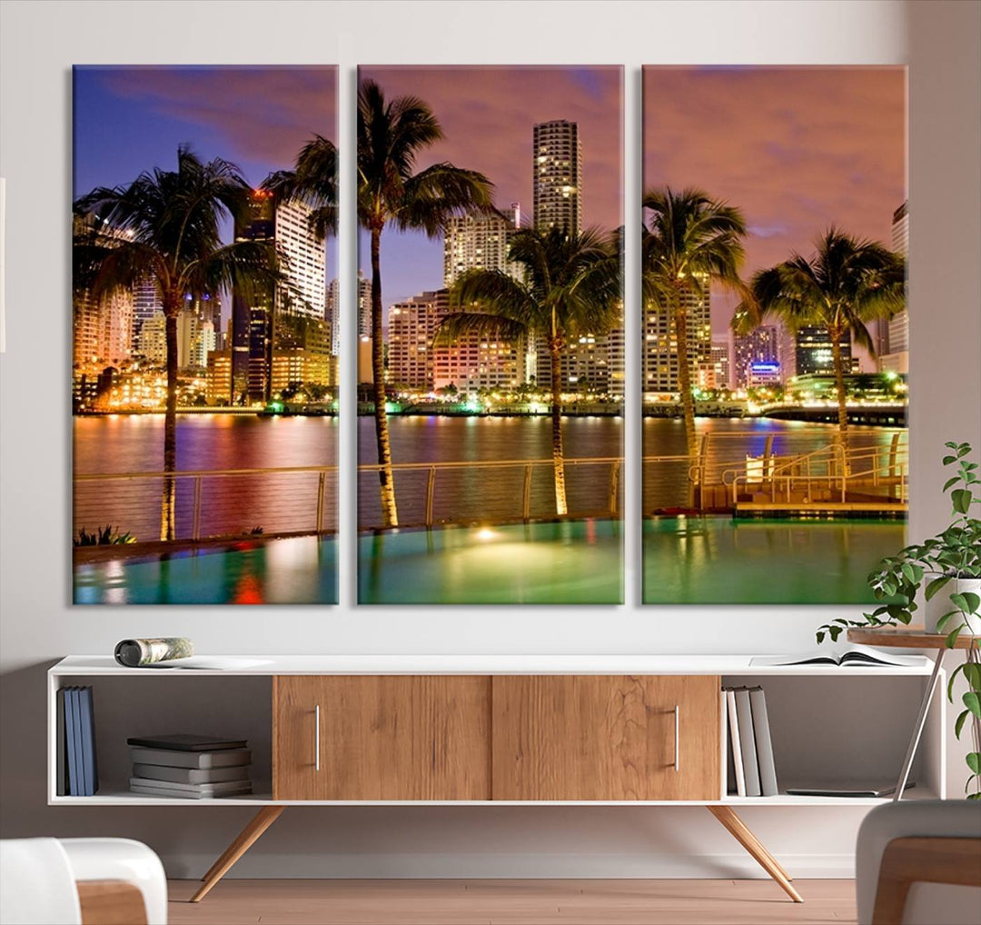 Impresión de lienzo de MIAMI de arte de pared grande - Horizonte de Miami con palmeras