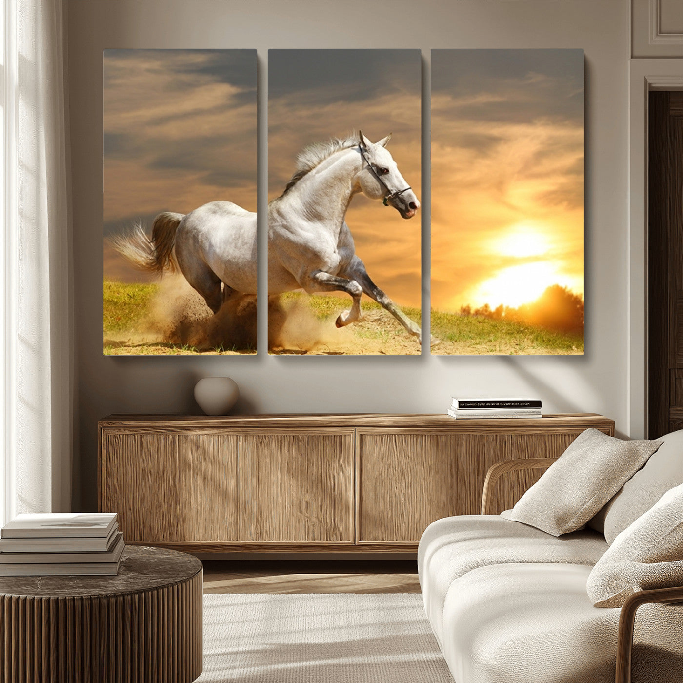 MGV-CV-48X32-3P - Large Wall Art Galloping White Horse at Sunset Canvas Print