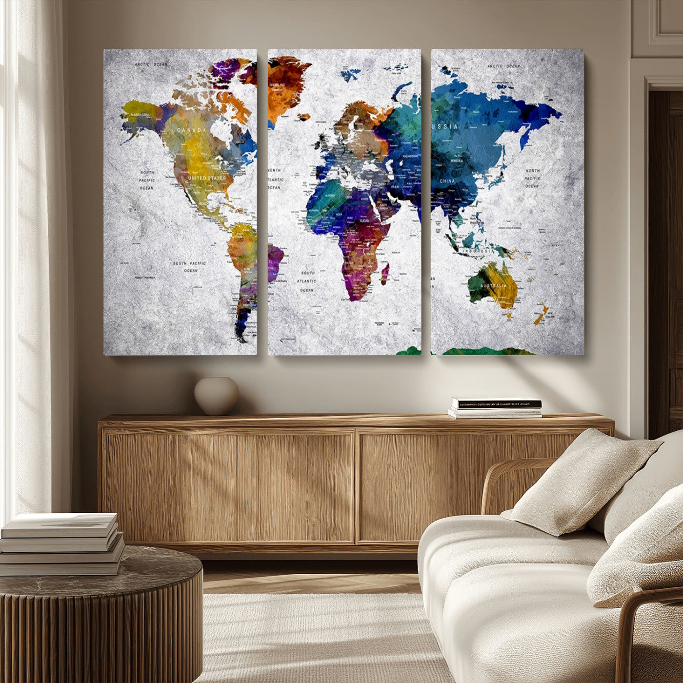 MGV-CV-48X32-3P - Push Pin World Map Canvas Print – Framed Wall Art for Couples to Track Their Travels – Anniversary