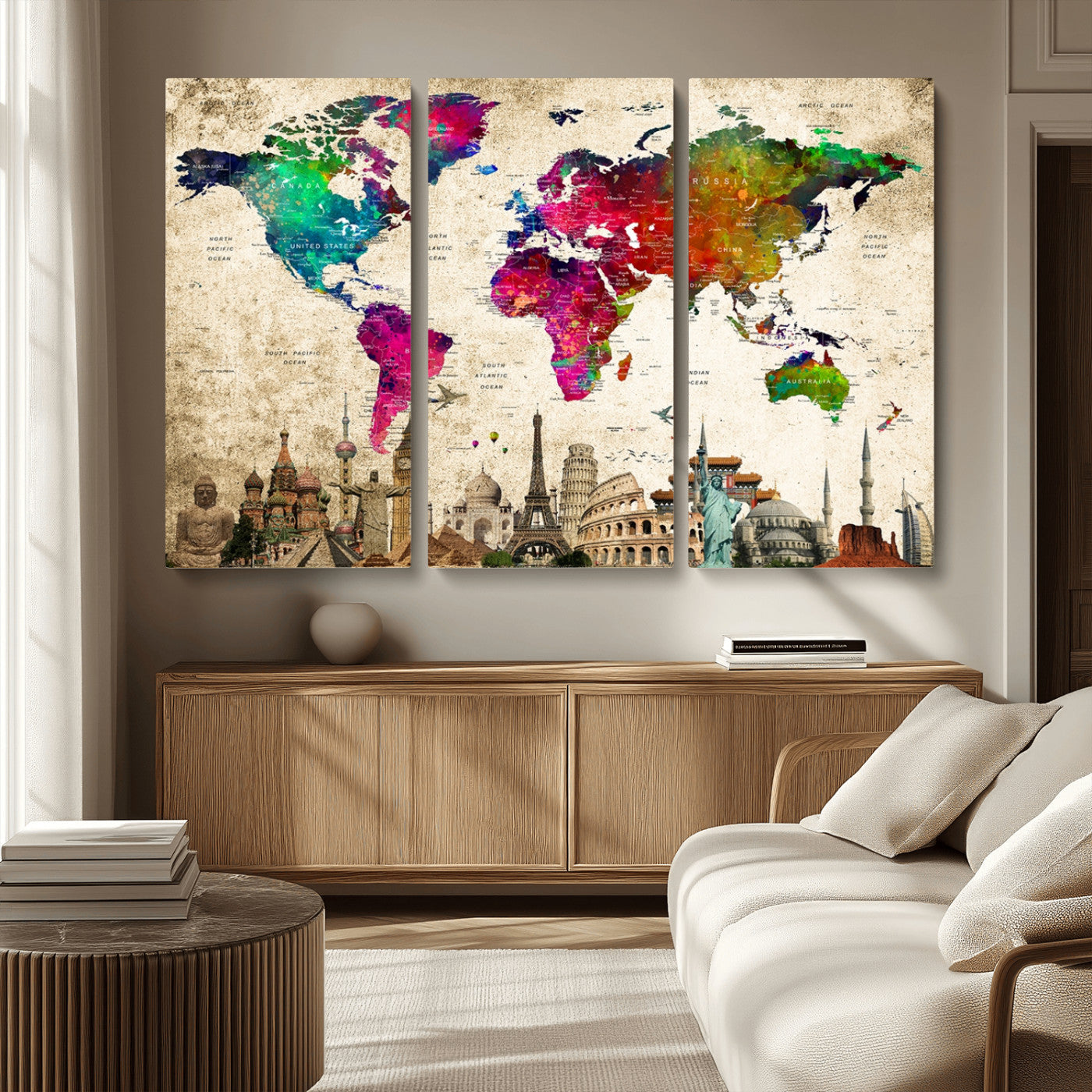MGV-CV-48X32-3P - Push Pin World Map Canvas Print – Framed Wall Art for Couples to Track Their Travels – Anniversary