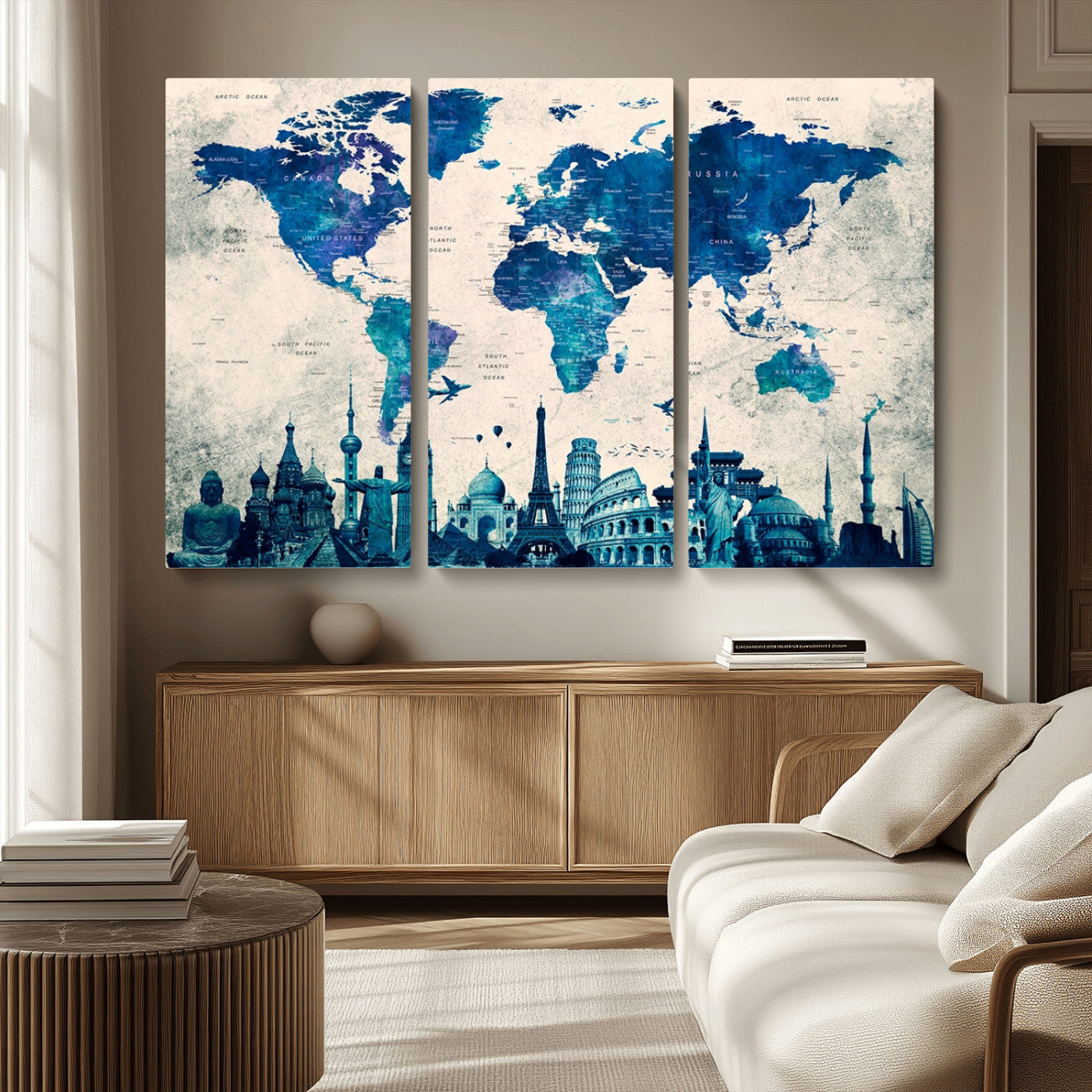 MGV-CV-48X32-3P - Navy Blue World Map Canvas Print, Wonder of World Map Push Pin Canvas Print