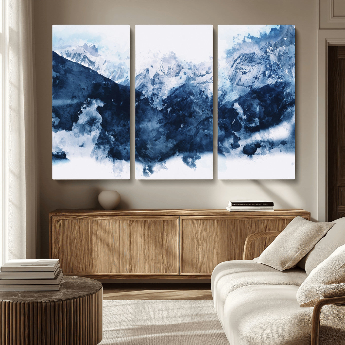 81700-MGV-CV-36X24-Abstract Blue Mountain Canvas Wall Art – Modern Triptych Landscape Print – Contemporary Nature Decor for Living Room or Office – Ready to