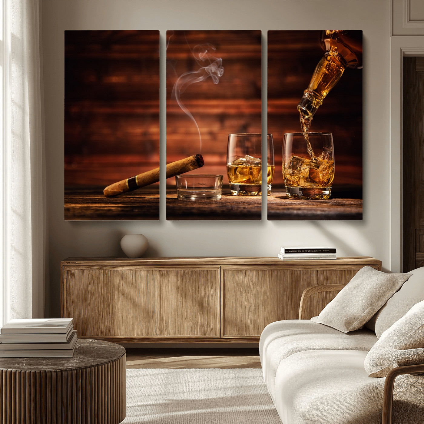 MGV-CV-48X32-3P - Whiskey and Cigar Wall Art Canvas | 3 Panel Bar Room Decor for Home Lounge, Office, or Man Cave |