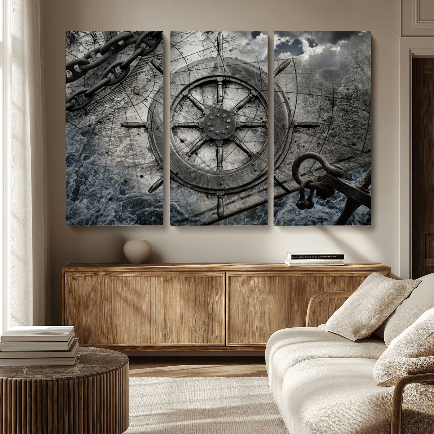 MGV-CV-48X32-3P - Ship Steering Wheel Vintage Wall Art Canvas Print