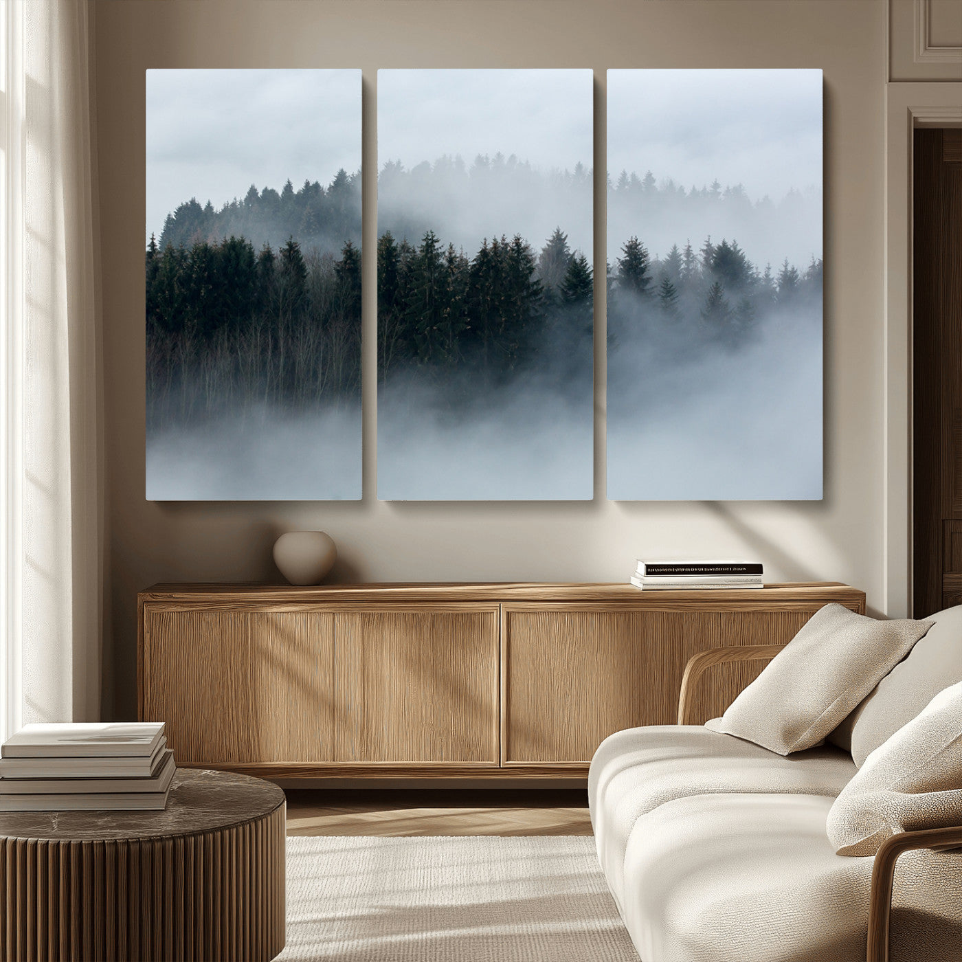 MGV-CV-48X32-3P - Autumn and Misty Trees in the Forest Wall Art Canvas Print, Foggy Forest Mountain Wall Art Canvas