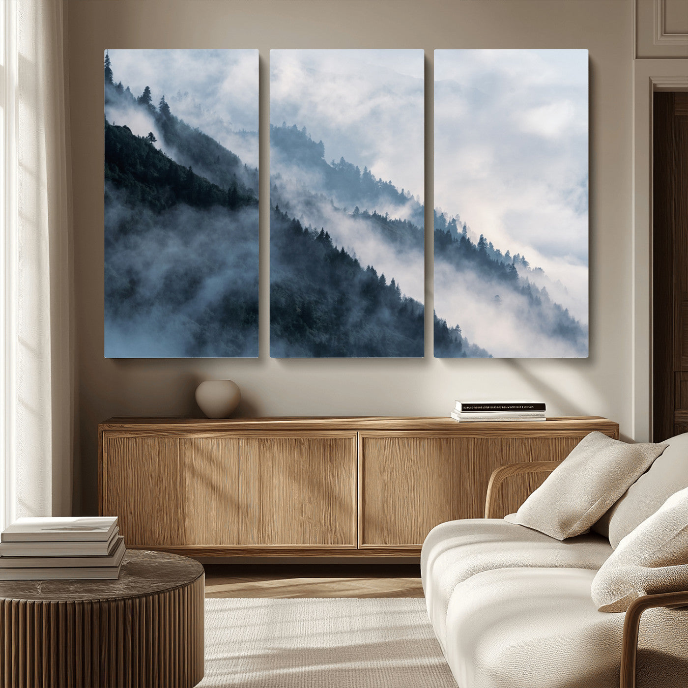 MGV-CV-48X32-3P - Foggy Forest Wall Art Canvas Print – Misty Mountain Landscape Decor – Ready to Hang Nature-Inspired