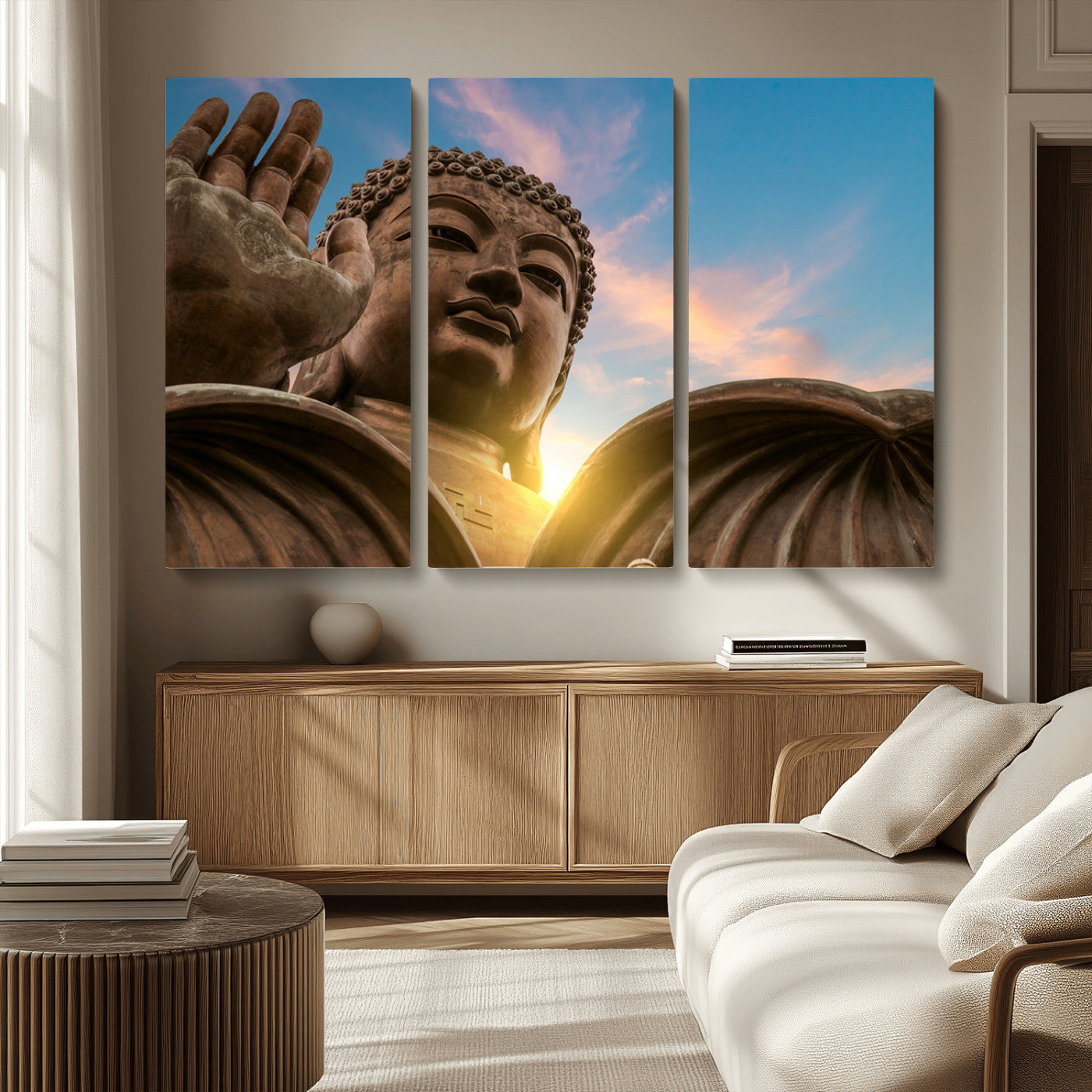 MGV-CV-48X32-3P - Buddha Statue and Daylight Wall Art, Buddha Statue Wall Art Canvas Print