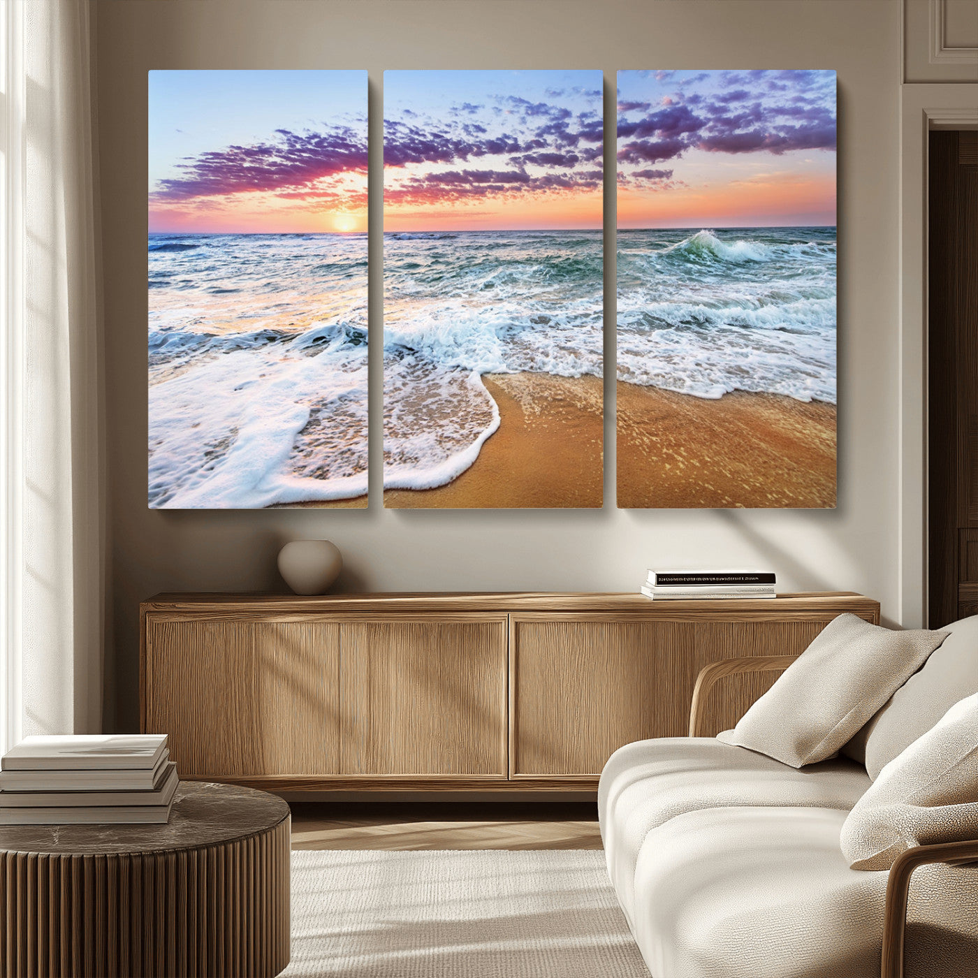 MGV-CV-48X32-3P - Coastal Sunset Art Beach Canvas Wall Art Print | Ocean Waves Wall Art | Large 3-Panel Seascape for
