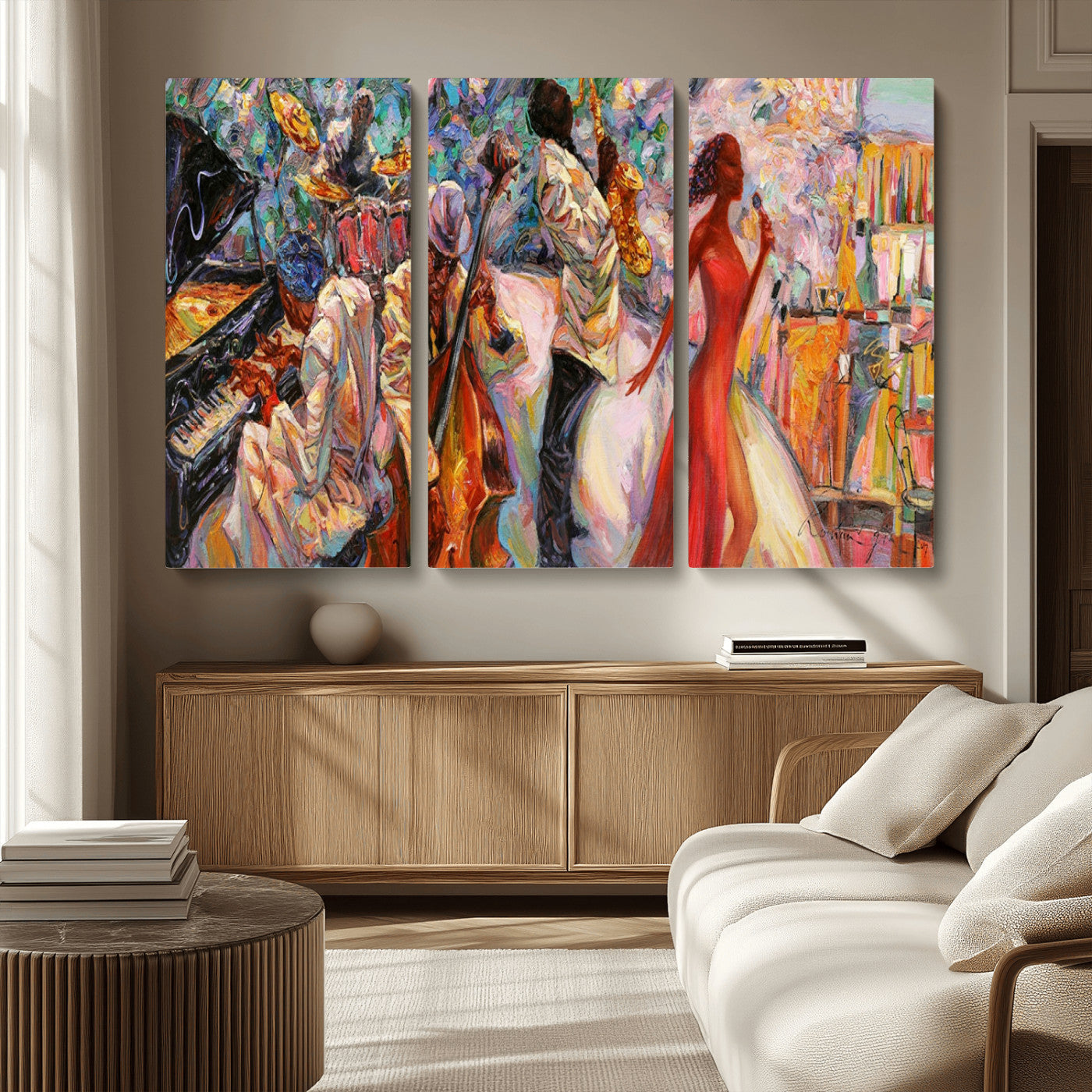 MGV-CV-48X32-3P - Abstract Afro American Jazz Canvas Wall Art | Music-Inspired Painting for Dining Room, Living Room,