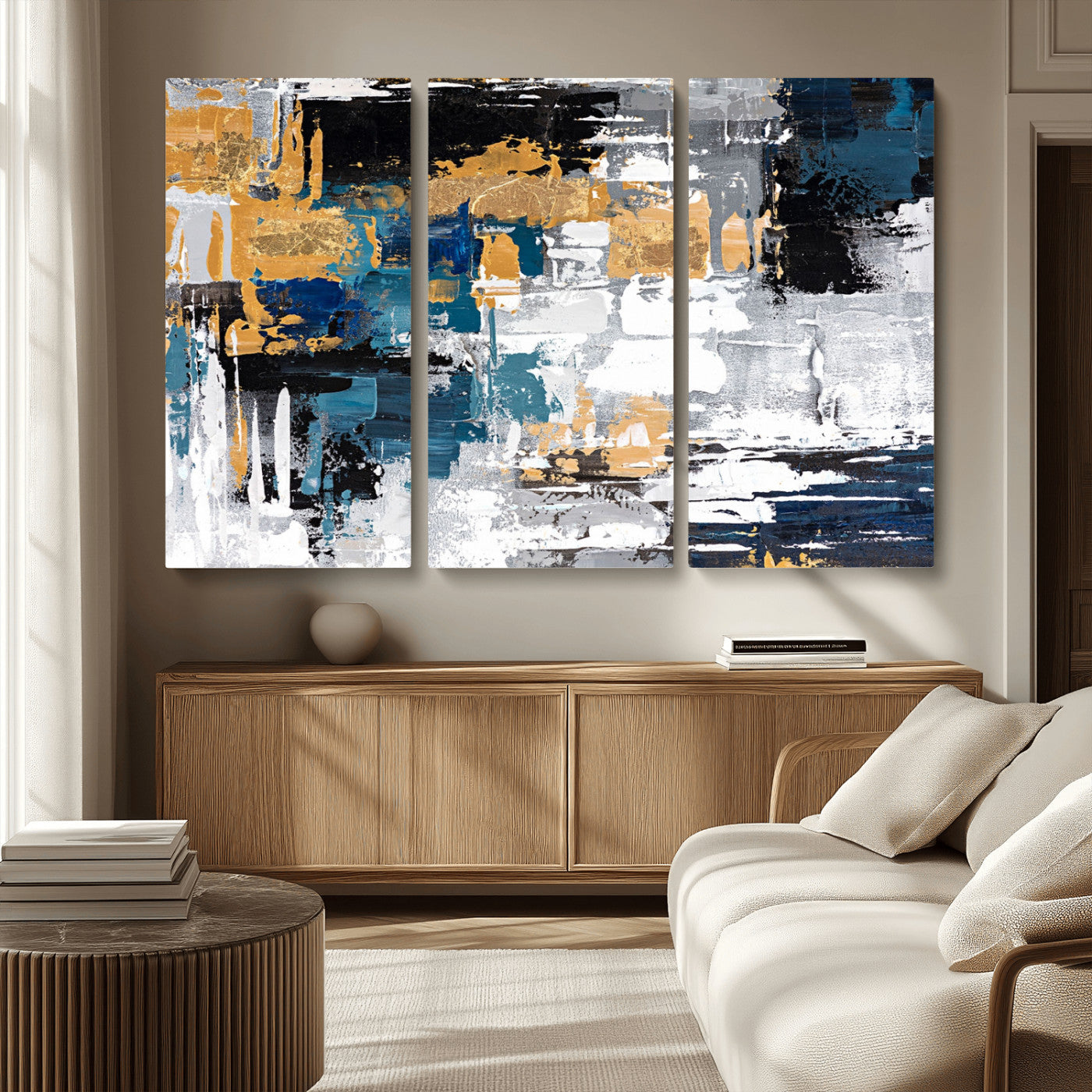 57708-MGV-CV-36X24-Blue and Gold Abstract Canvas Wall Art – Triptych Modern Painting for Living Room – Framed and Ready to Hang