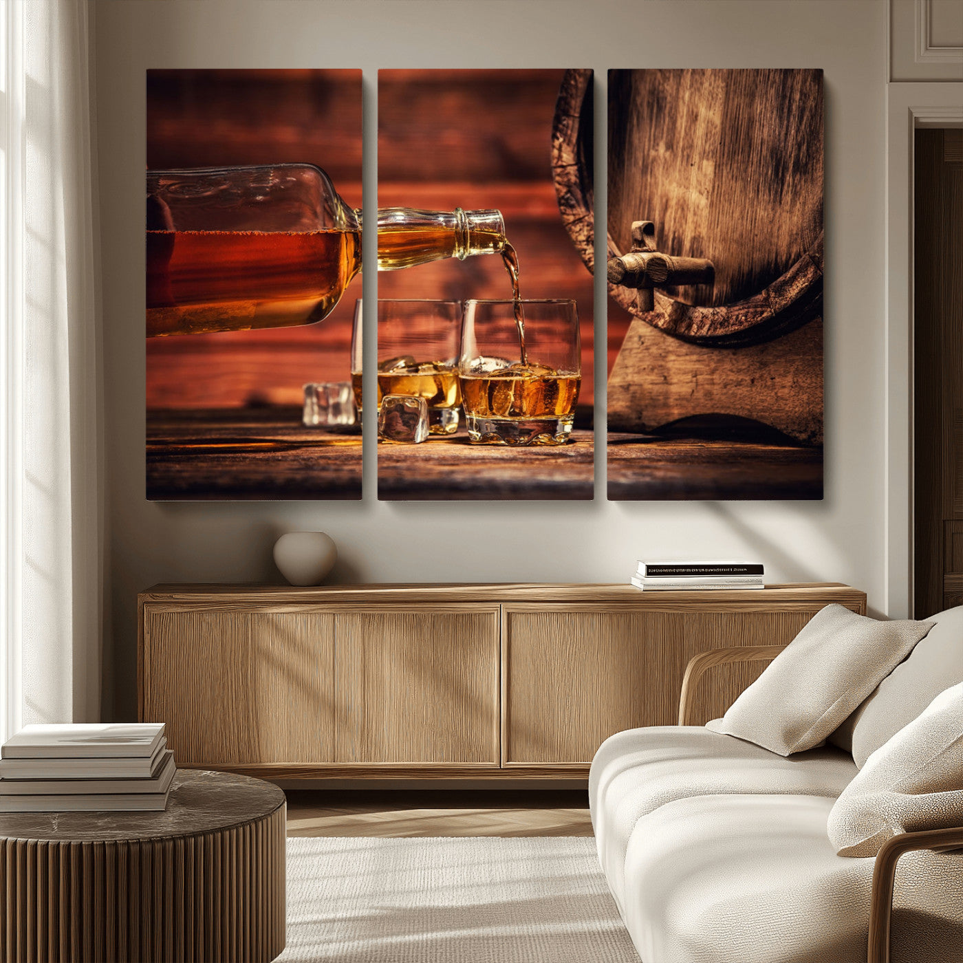 MGV-CV-48X32-3P - Whiskey and Cigar Canvas Wall Art | 3 Panel Bar Room Decor for Home Lounge, Office, or Man Cave |