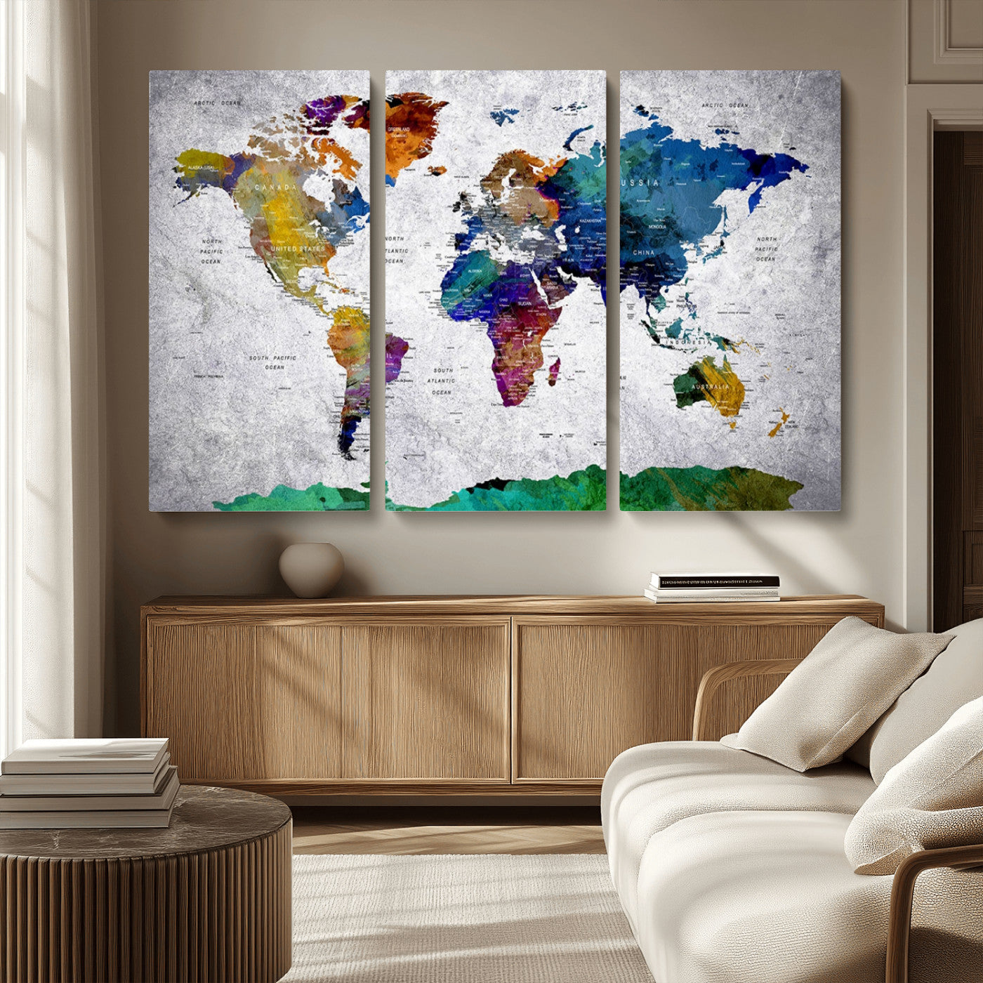 MGV-CV-48X32-3P - Push Pin World Map Canvas Print – Framed Wall Art for Couples to Track Their Travels – Anniversary