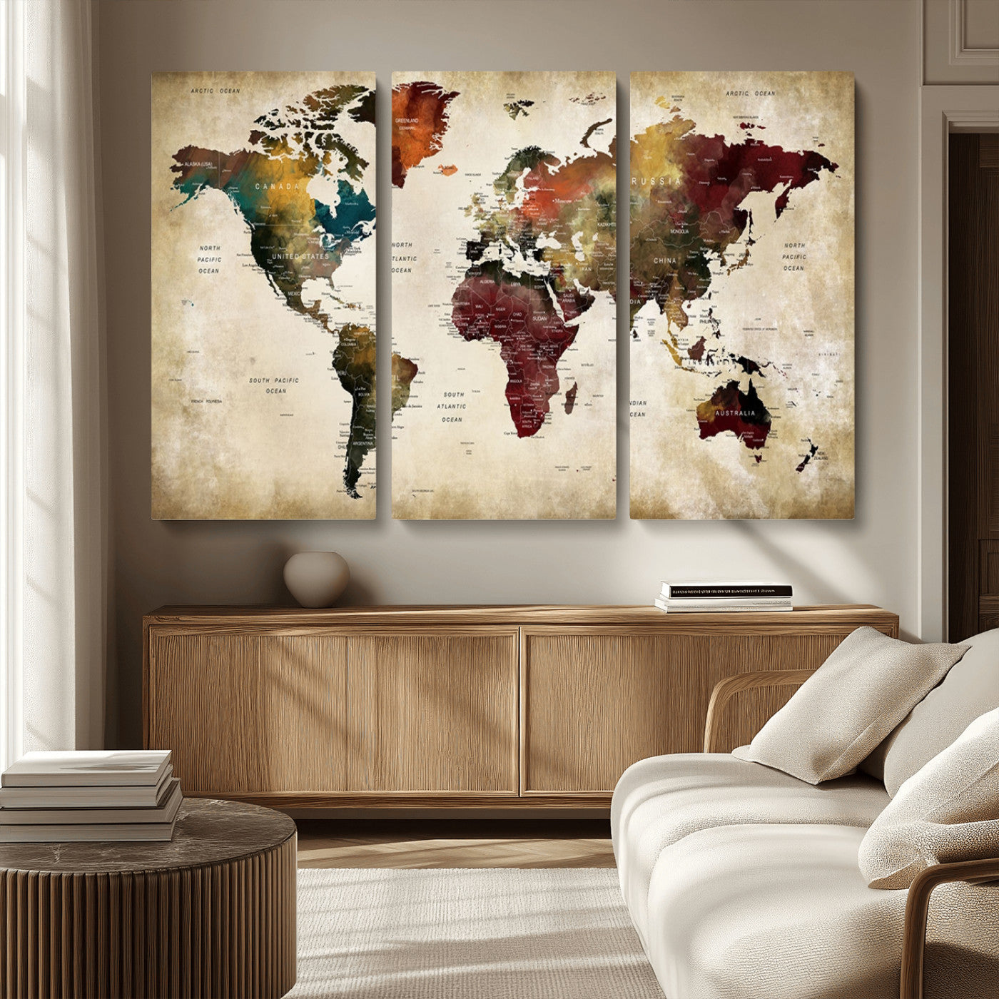 MGV-CV-48X32-3P - Large World Map Wall Art Canvas Print, Framed Push Pin Map Art Picture Print, Abstract Traveller Map Perfect Modern Decor Artwork
