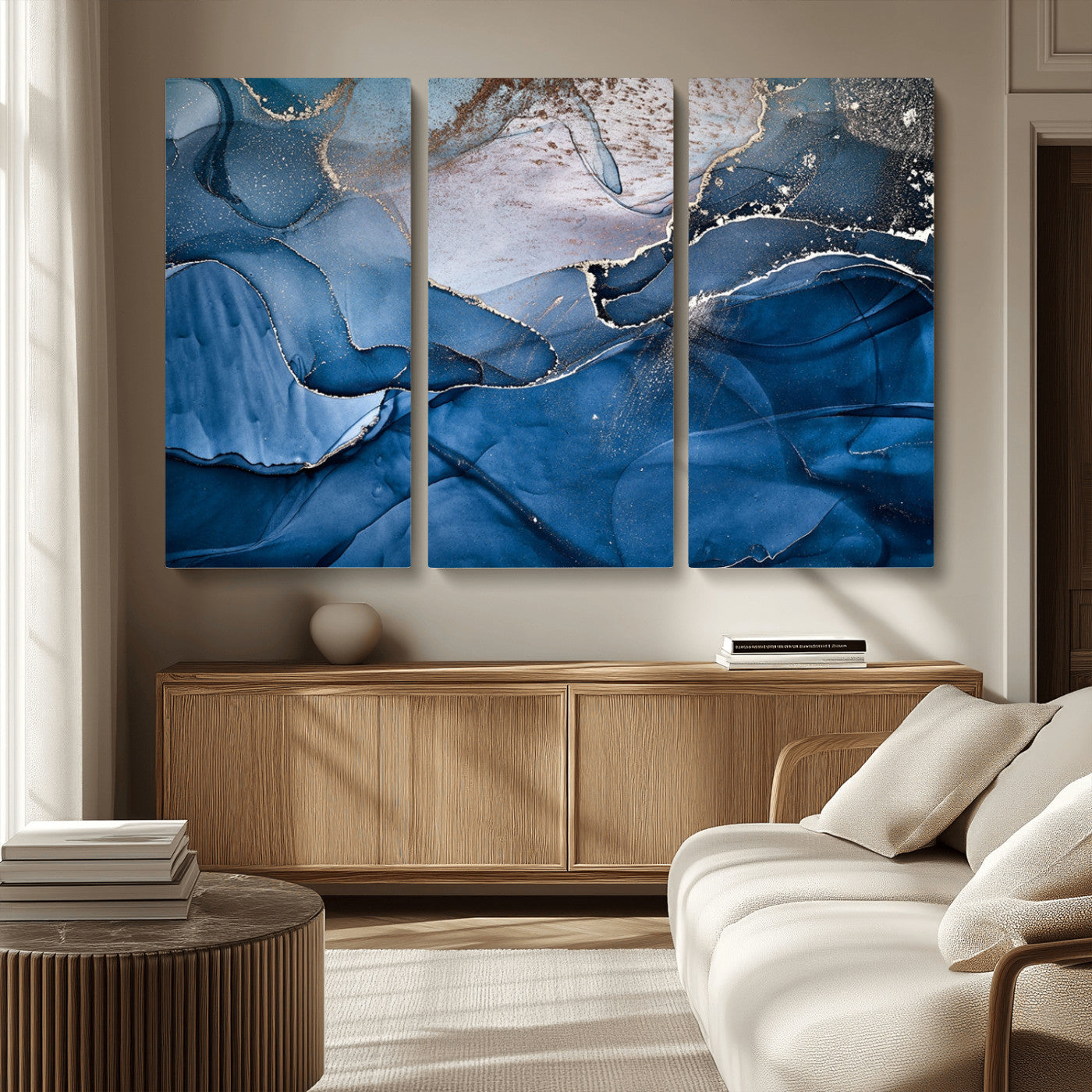 -Navy Blue Canvas Art Abstract Print – Elegant Triptych Modern Art Print – Contemporary Decor for Living Room or Office