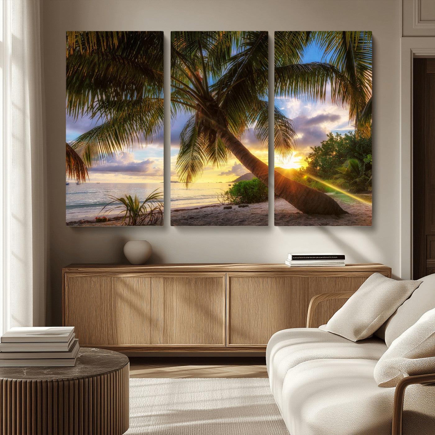 MGV-CV-48X32-3P - Tropical Island Sunset on the Beach Palms Wall Art Canvas Print