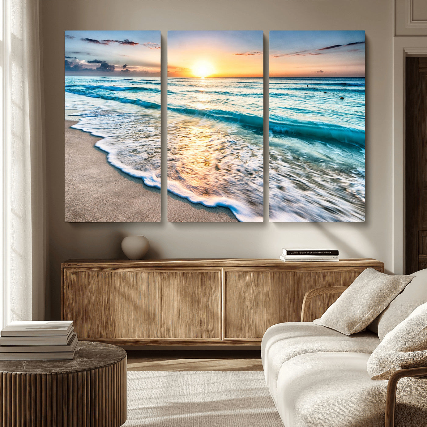 MGV-CV-48X32-3P - Sunset Beach Waves Canvas Wall Art – 5-Panel Ocean Sunset Print – Coastal Decor for Living Room or