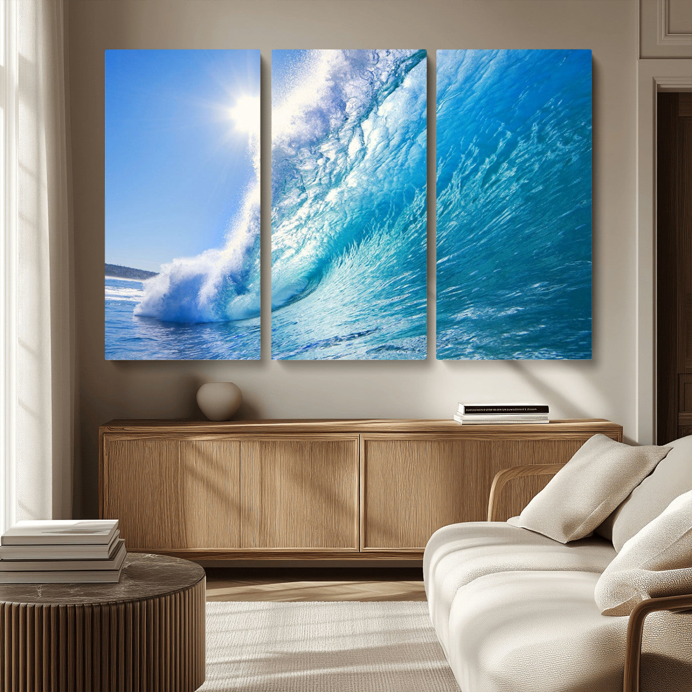 MGV-CV-48X32-3P - Blue Big Wave Surfing Ocean Canvas Wall Art Artwork Print , Surf Wall Art, Sea Wall Art