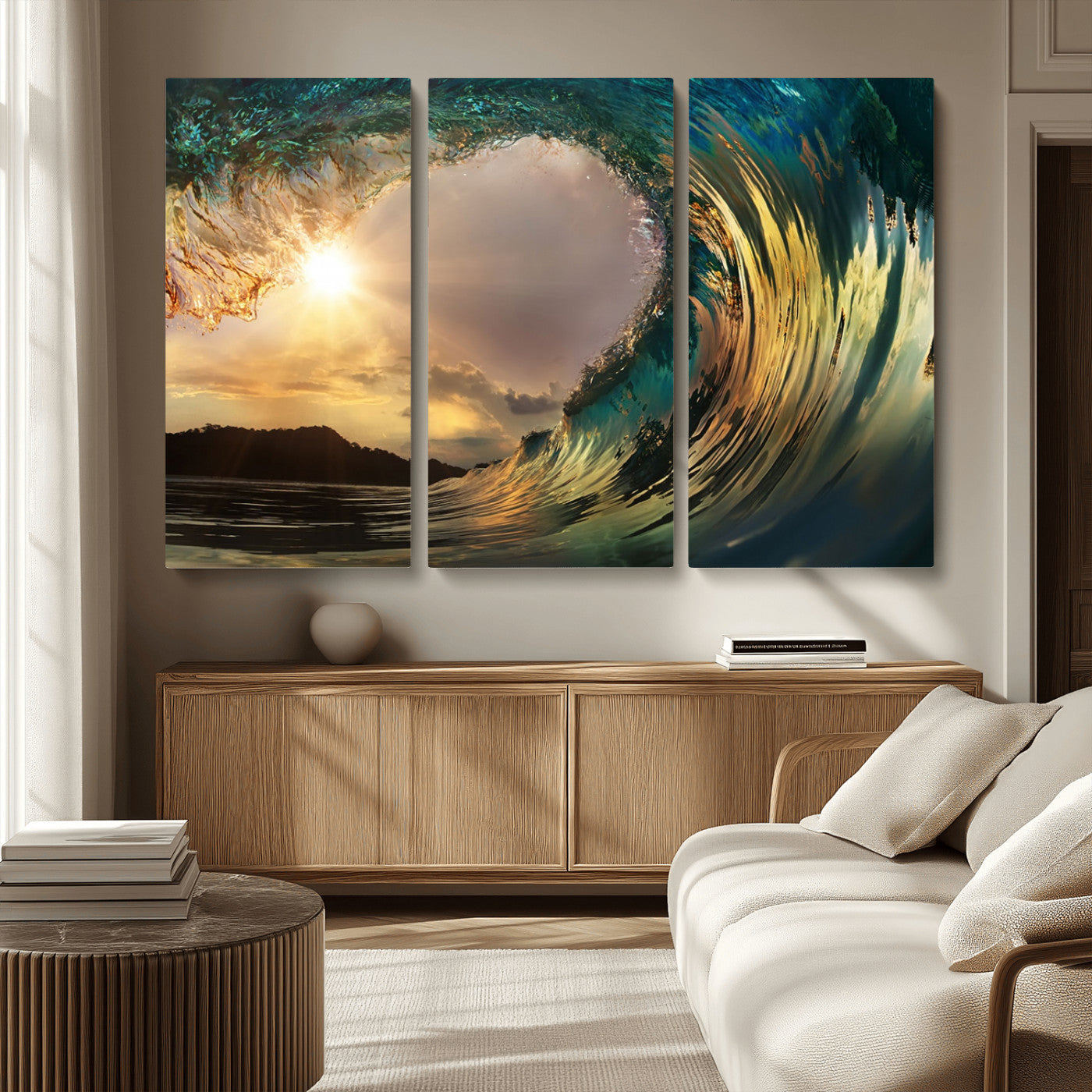 MGV-CV-48X32-3P - Golden Wave Sunset Giclee Canvas Print – Large Coastal Wall Art for Nature Lovers, Captivating Ocean Wave Decor
