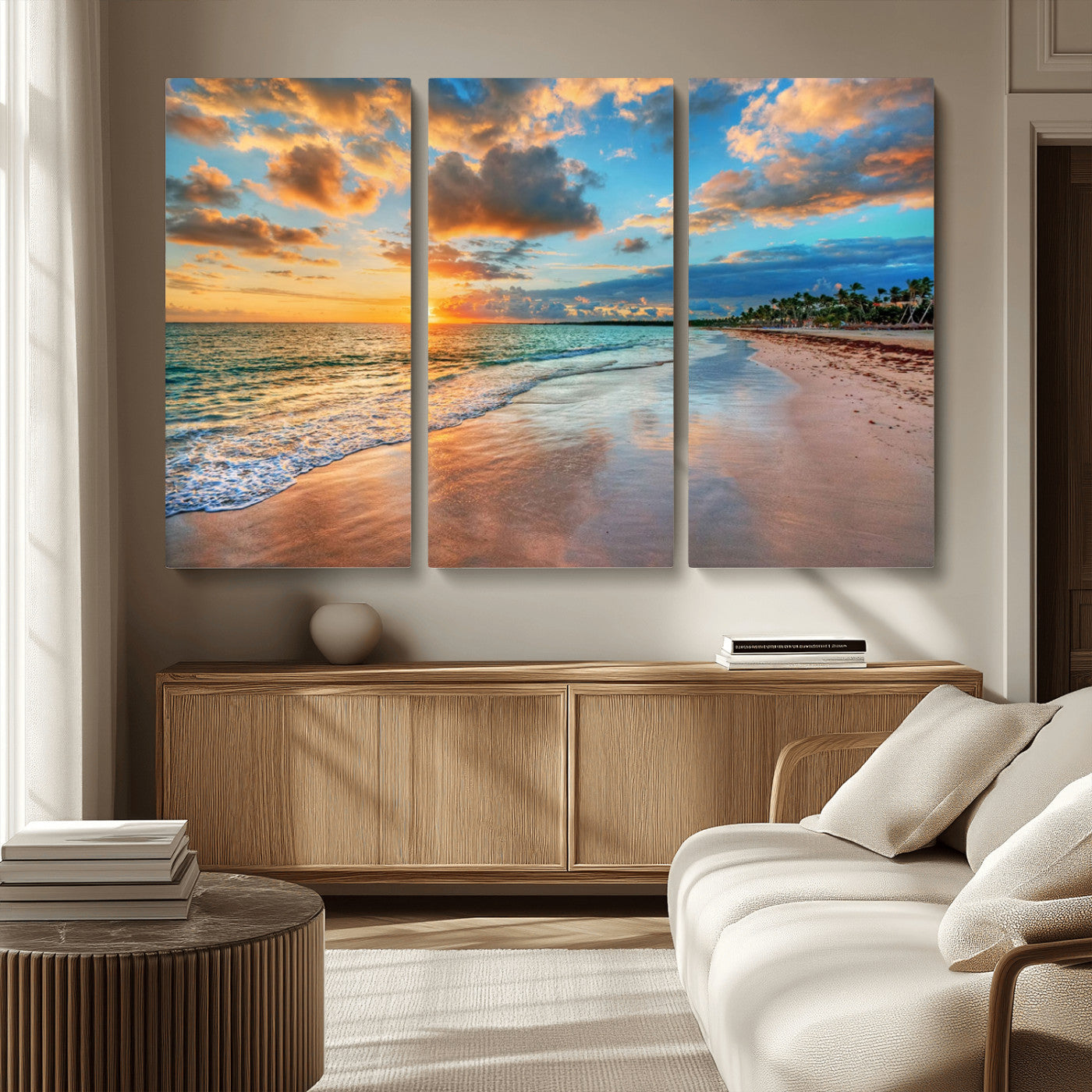 MGV-CV-48X32-3P - Sunset Beach Canvas Wall Art – Tropical Triptych Seascape Print – Coastal Ocean Decor for Living