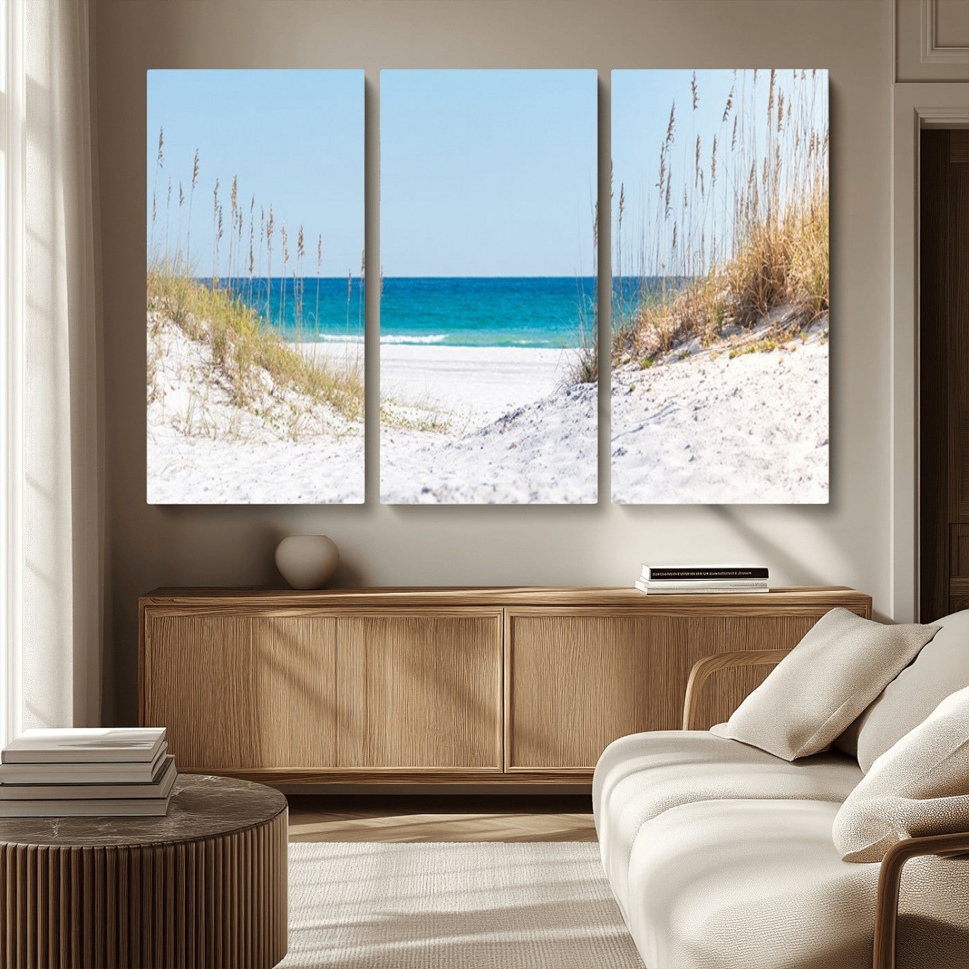 MGV-CV-48X32-3P - Serene Coastal Dune Path with Ocean View, 3-Panel Beach Canvas Wall Art, Tranquil Seascape Giclee Print, Gallery Wrap, Perfect for Coastal Home Decor