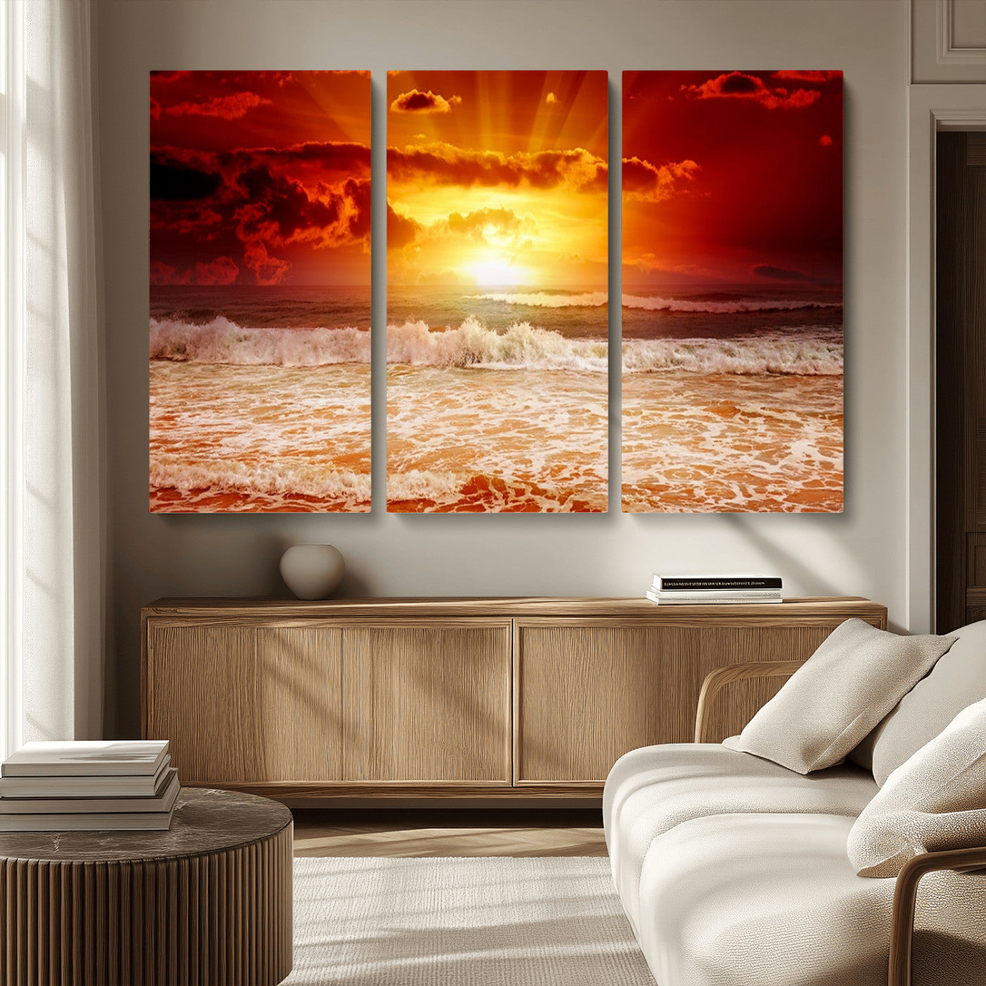 MGV-CV-48X32-3P - Red Sunset Ocean Beach Canvas Wall Art Beach Canvas, Coastal Sunset Print