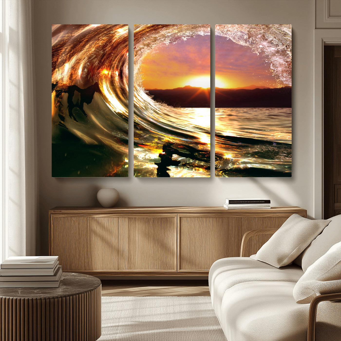 MGV-CV-48X32-3P - Golden Wave Sunset Triptych Canvas Art, Giclee Canvas Print of Ocean Wave and Sunset, Framed Ocean