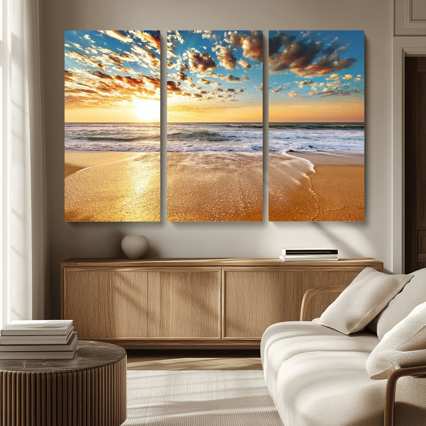 MGV-CV-48X32-3P - Golden Sunset Beach Print Canvas Wall Art, Giclee Canvas Print with Canon Print Quality, Triptych