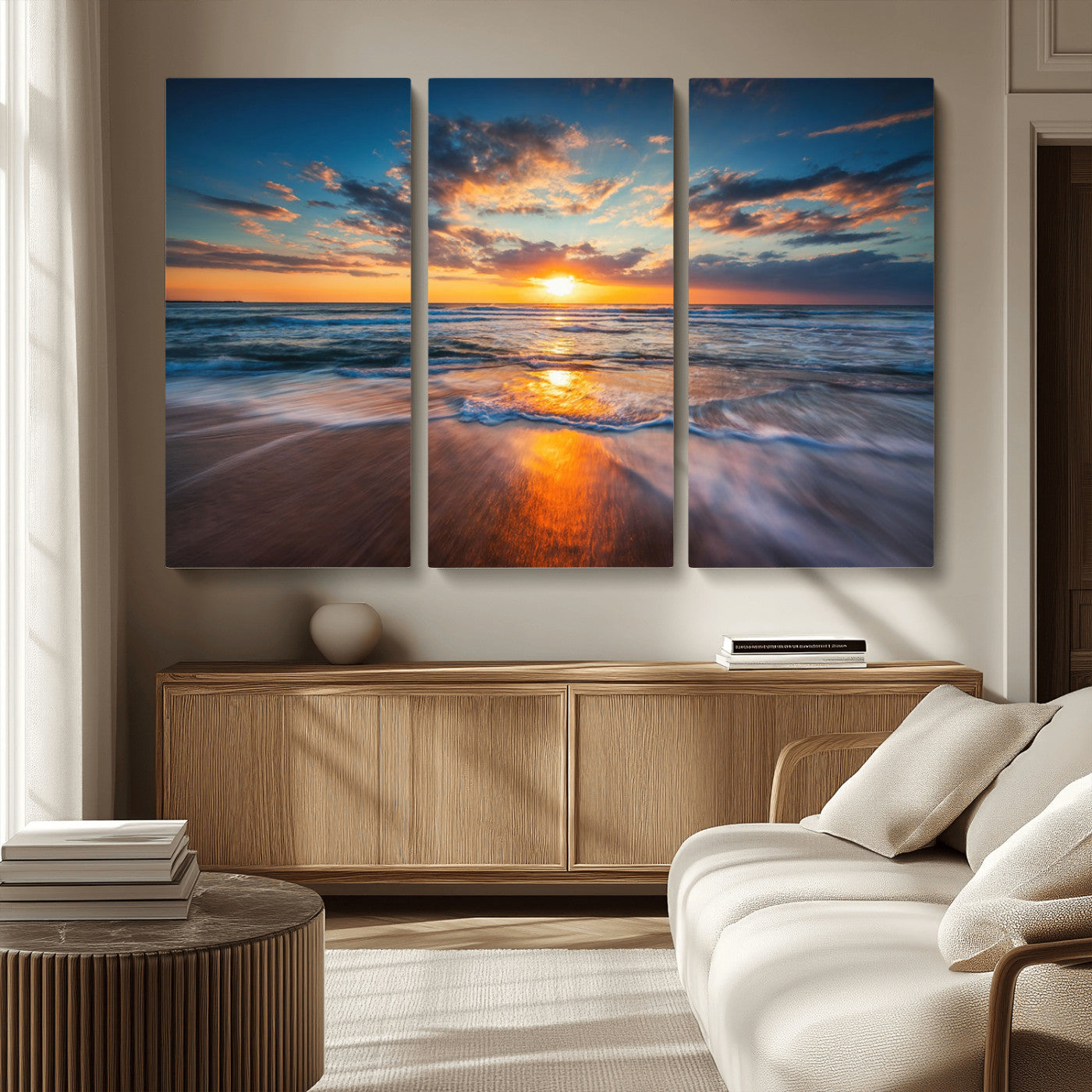 MGV-CV-48X32-3P - Sunset on the Ocean Beach with Waves, Reflections on Sand, Coastal Wall Art Print, Beach Wall Art,