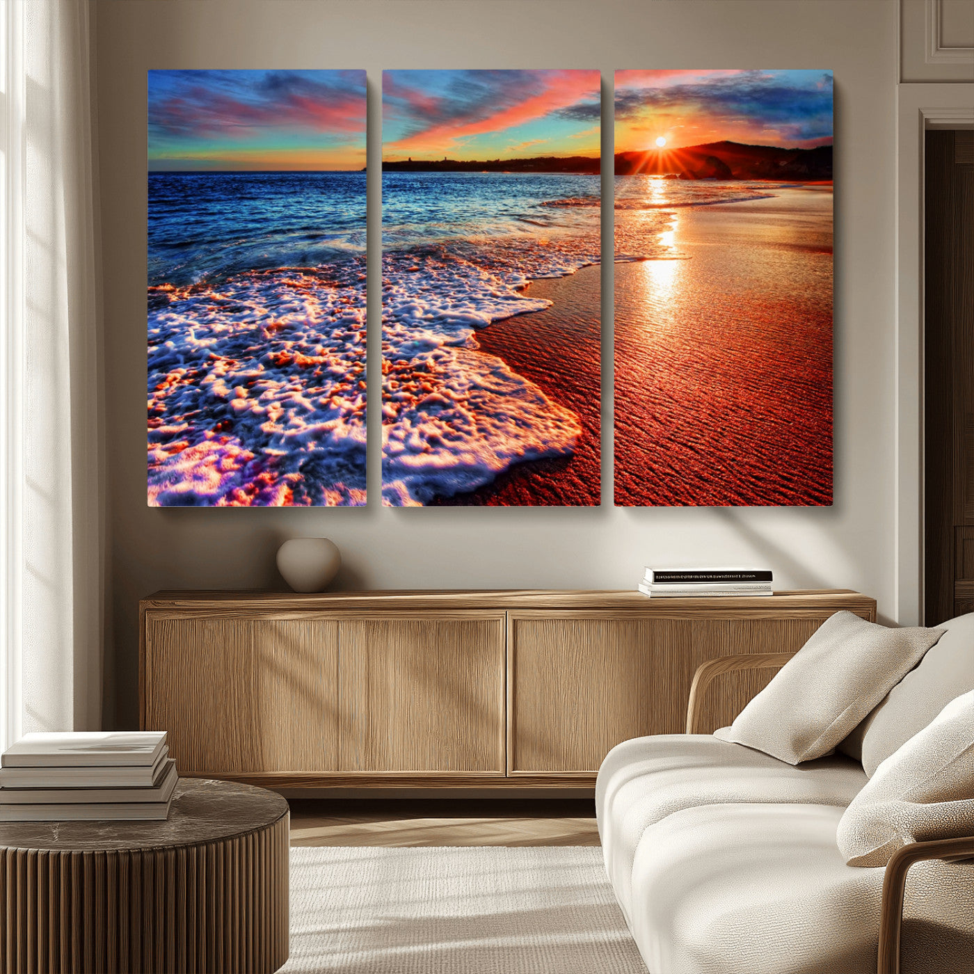 MGV-CV-48X32-3P - Colorful Coastal Sunset on the Beach Canvas Print, Ocean Waves Crashing at Dusk, Multi-Panel Seascape Vibrant Coastal Wall Art Canvas Print