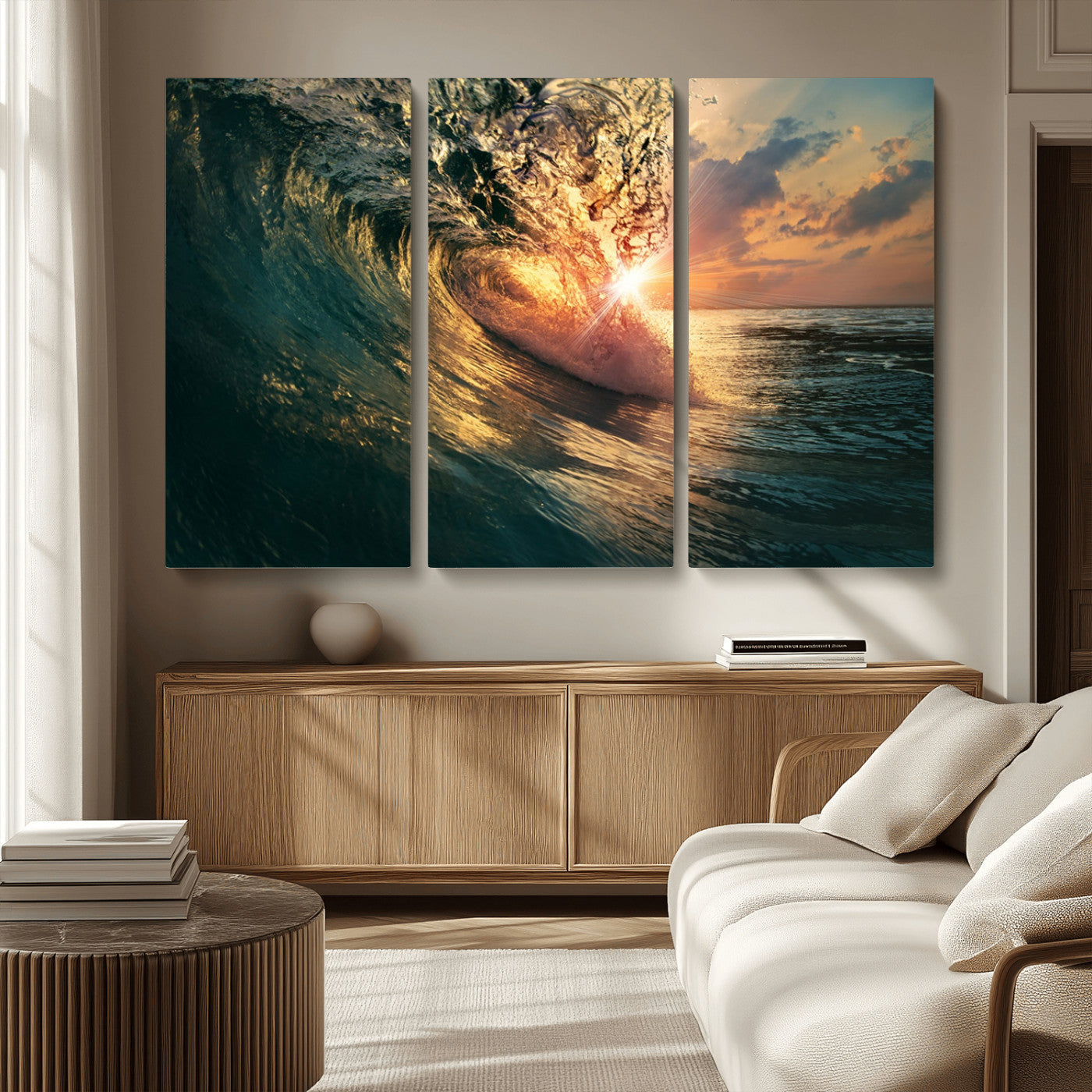 MGV-CV-48X32-3P - Ocean Wave Sunset Canvas Wall Art – Triptych Seascape Print – Framed and Ready to Hang for Living Room or Office