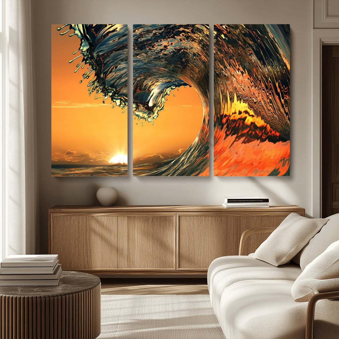 -Surf Wave Sunset Canvas Wall Art Print, 3-Panel Ocean Coastal Wall Art Print, Ocean Decor for