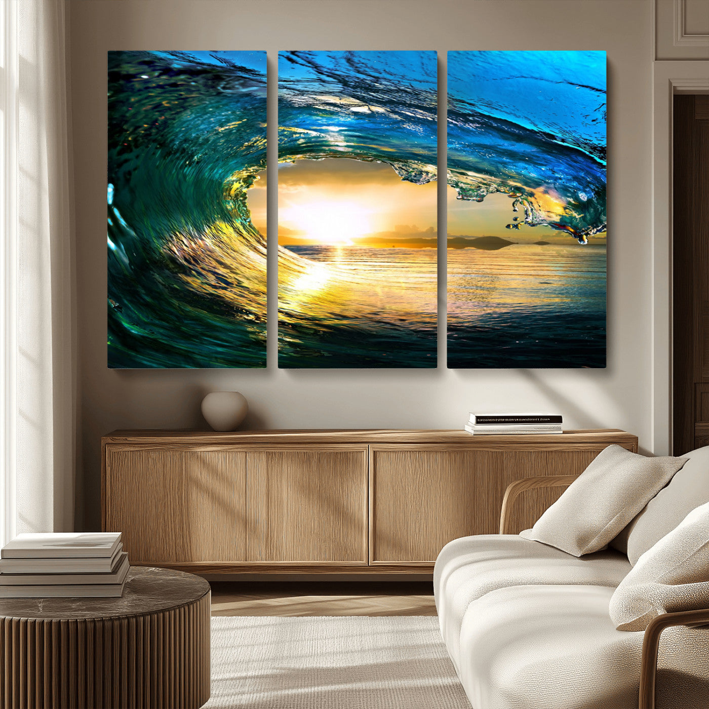 MGV-CV-48X32-3P - Ocean Wave at Sunset Canvas Art, Large Wall Print of Vibrant Water Waves, Coastal Art for Living Room and Dining Room