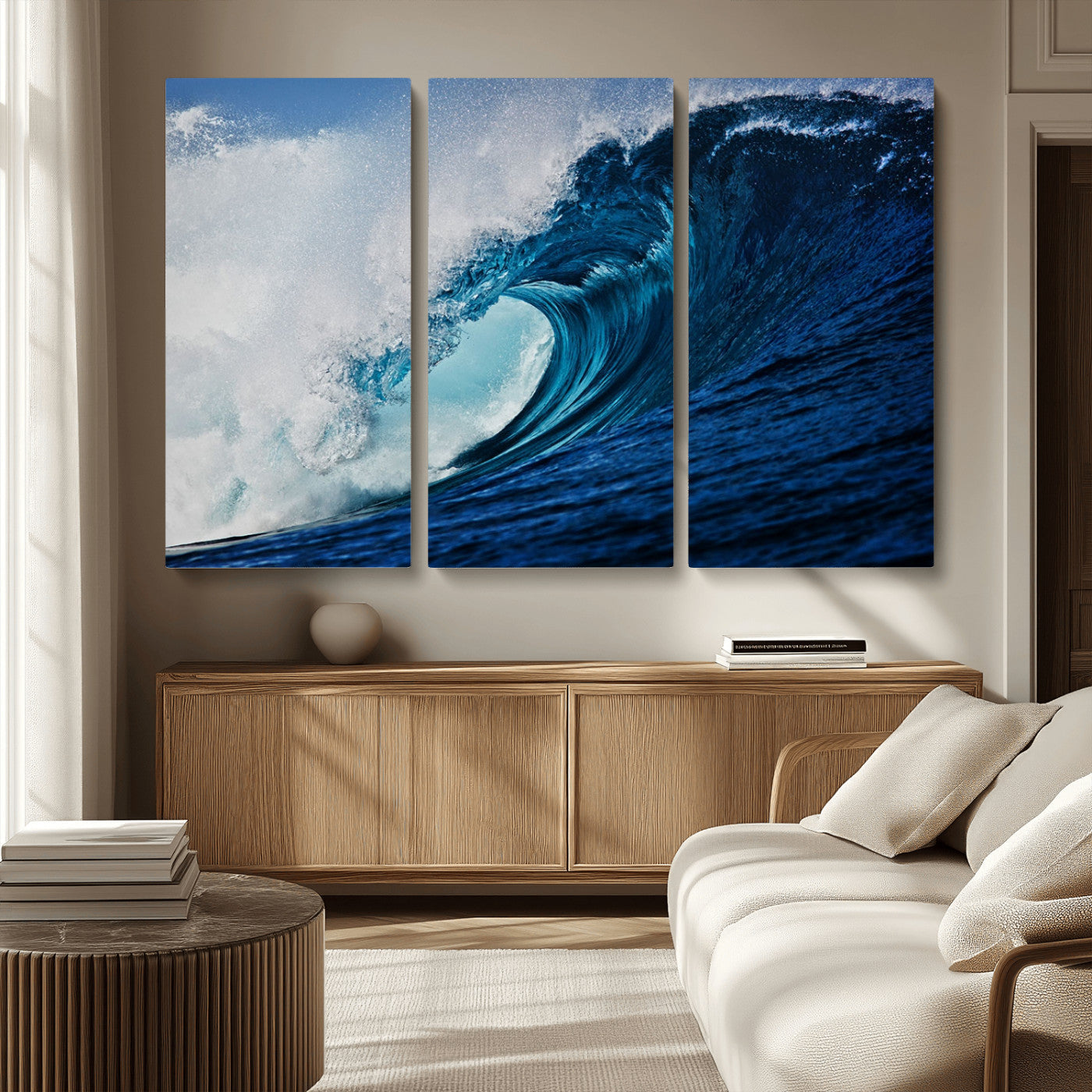 MGV-CV-48X32-3P - Ocean Wave at Sunset Canvas Art, Large Wall Print of Vibrant Water Waves, Coastal Art for Living Room and Dining Room Decor