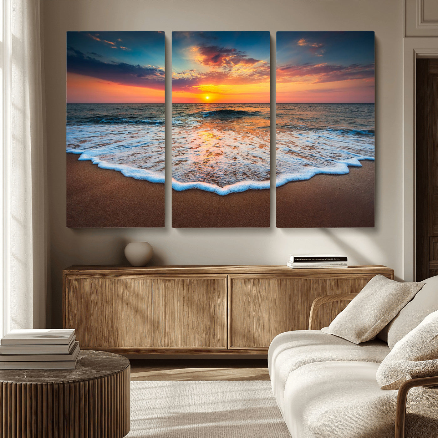 MGV-CV-48X32-3P - Sunset Beach Canvas Wall Art – Colorful Ocean Waves Triptych – Coastal Decor for Living Room or Bedroom – Framed and Ready to Hang